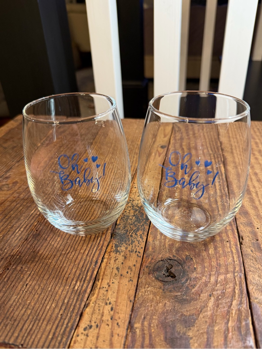 “Oh Baby” Stemless Wine Glasses - Clear Glass with Blue Script (Set of 2)